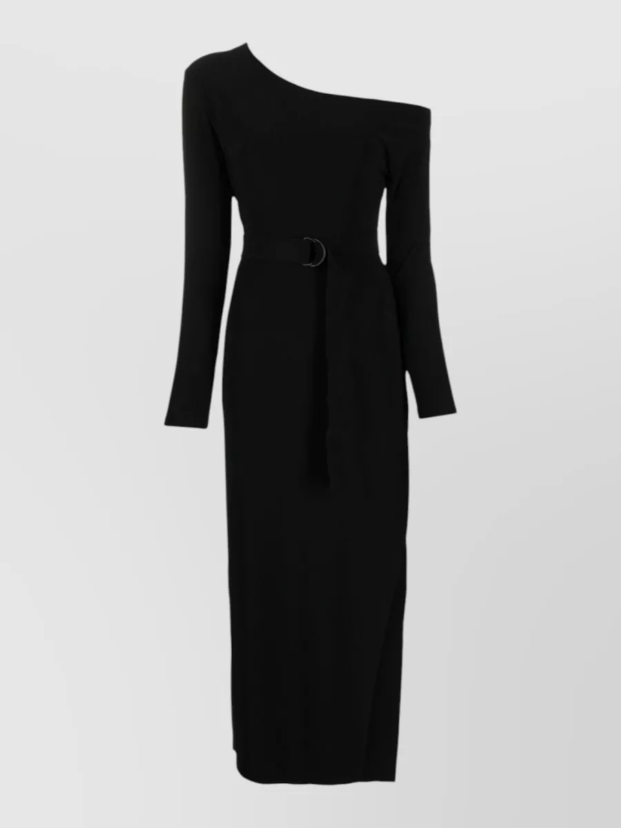 Norma Kamali Boat Neck Drop Shoulder Three Quarter Sleeve Side Slit Column Midi Dress