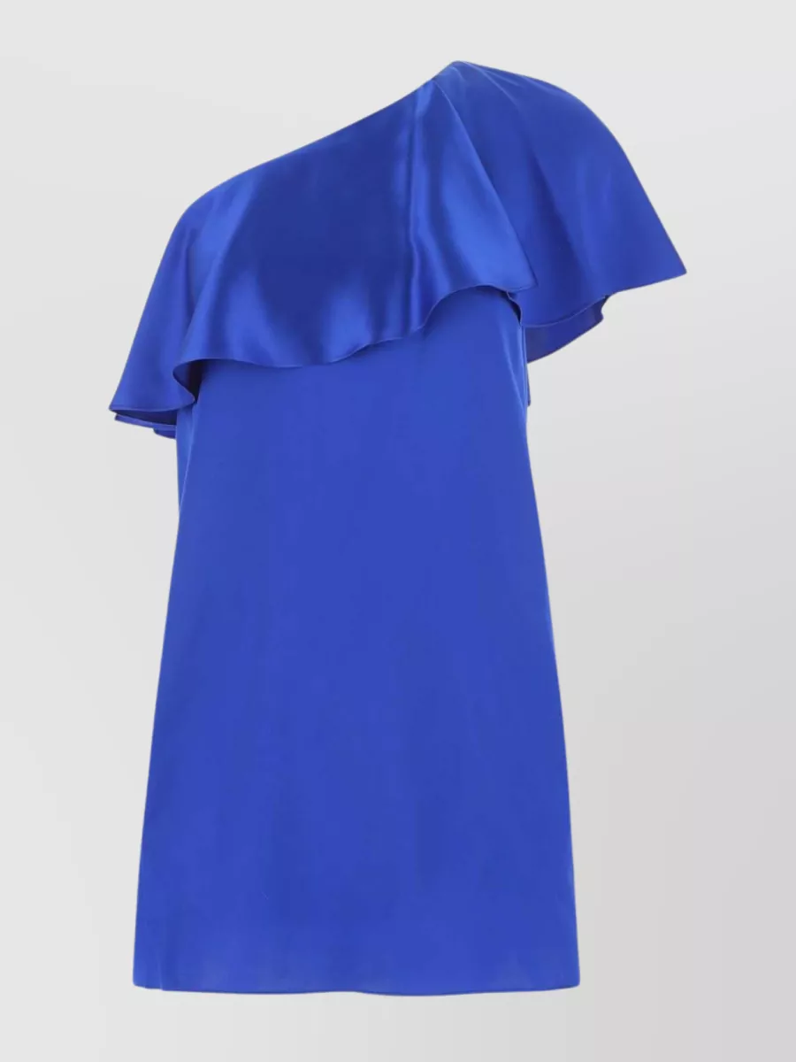 Shop Saint Laurent Satin One-shoulder Ruffle Mini Dress In Blue