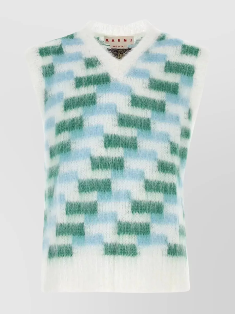 Shop Marni Embroidered Pattern Textured Mohair Blend Vest In Blue
