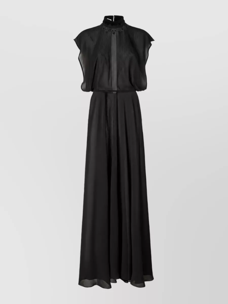 Fendi silk lace trim high neck cap sleeve maxi dress