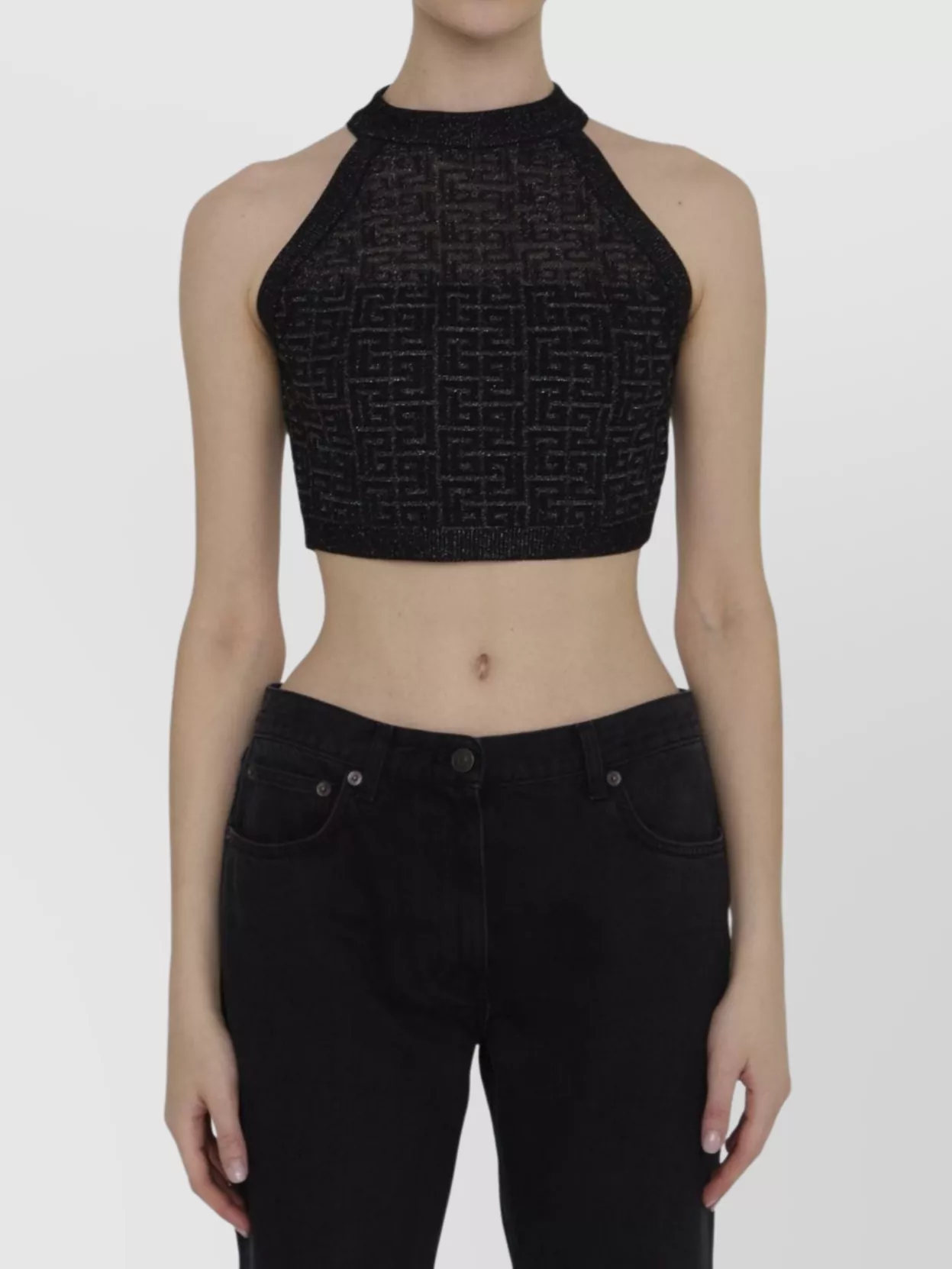 Balmain Geometric Pattern Knit Top In Black