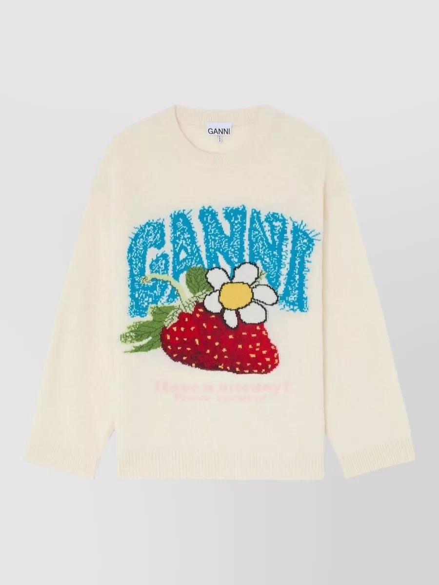 Ganni Wool oversized strawberry intarsia crewneck sweater