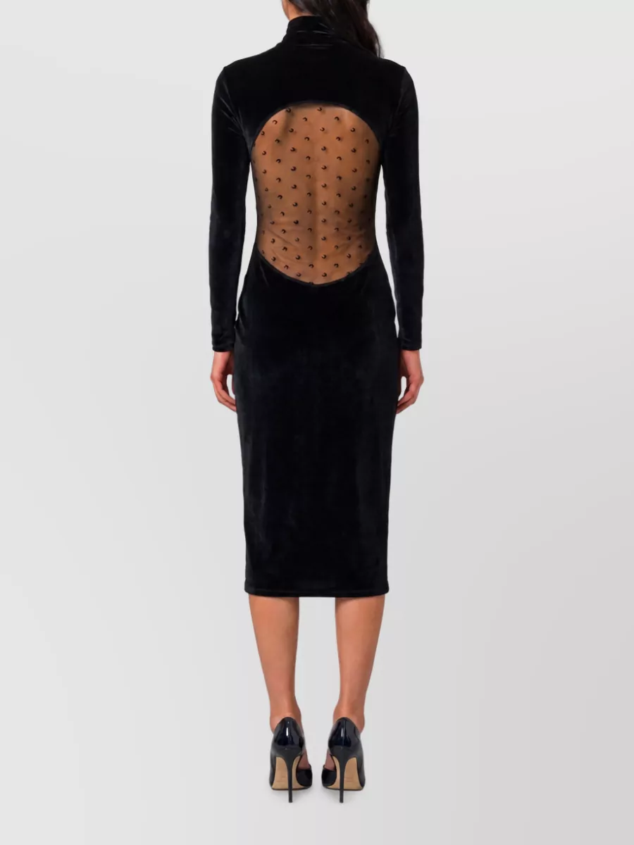 Marine Serre Velvet Logo-Embroidered Slim-Fit High-Neck Long-Sleeve Midi Dress