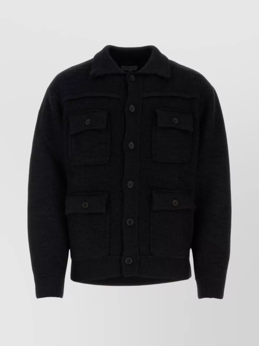 Shop Yohji Yamamoto Textured Knit Wool Blend Jacket In Black