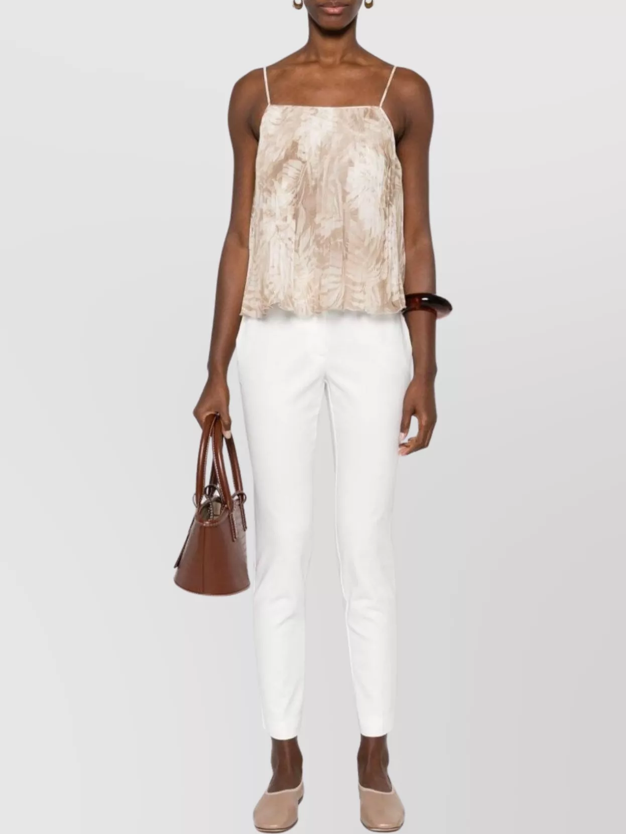 Ermanno Firenze Pleated Sheer Top Spaghetti Straps Tie Detail In Gold