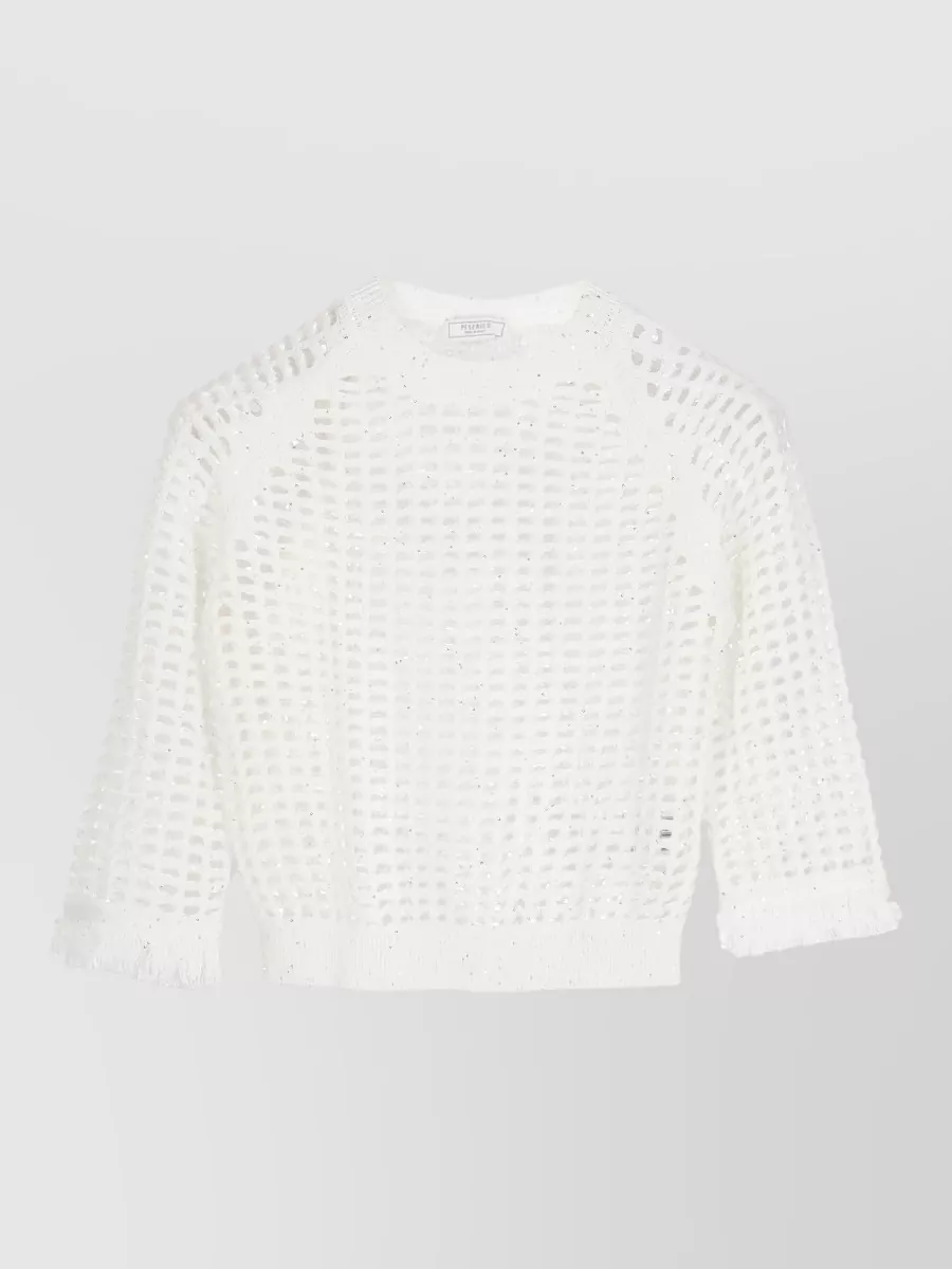 Peserico Perforated sequin long-sleeve crewneck knitted top