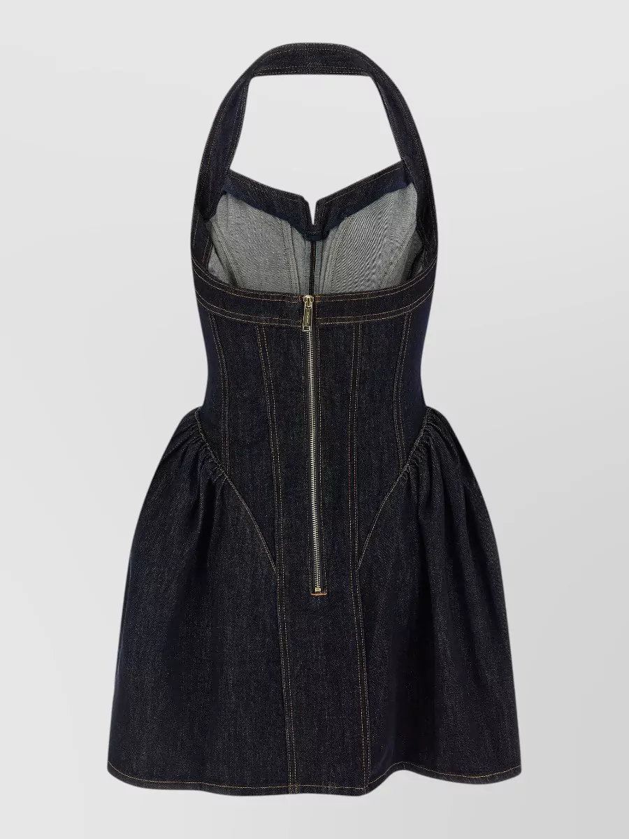 Self-Portrait Denim Halterneck Flared Mini Dress