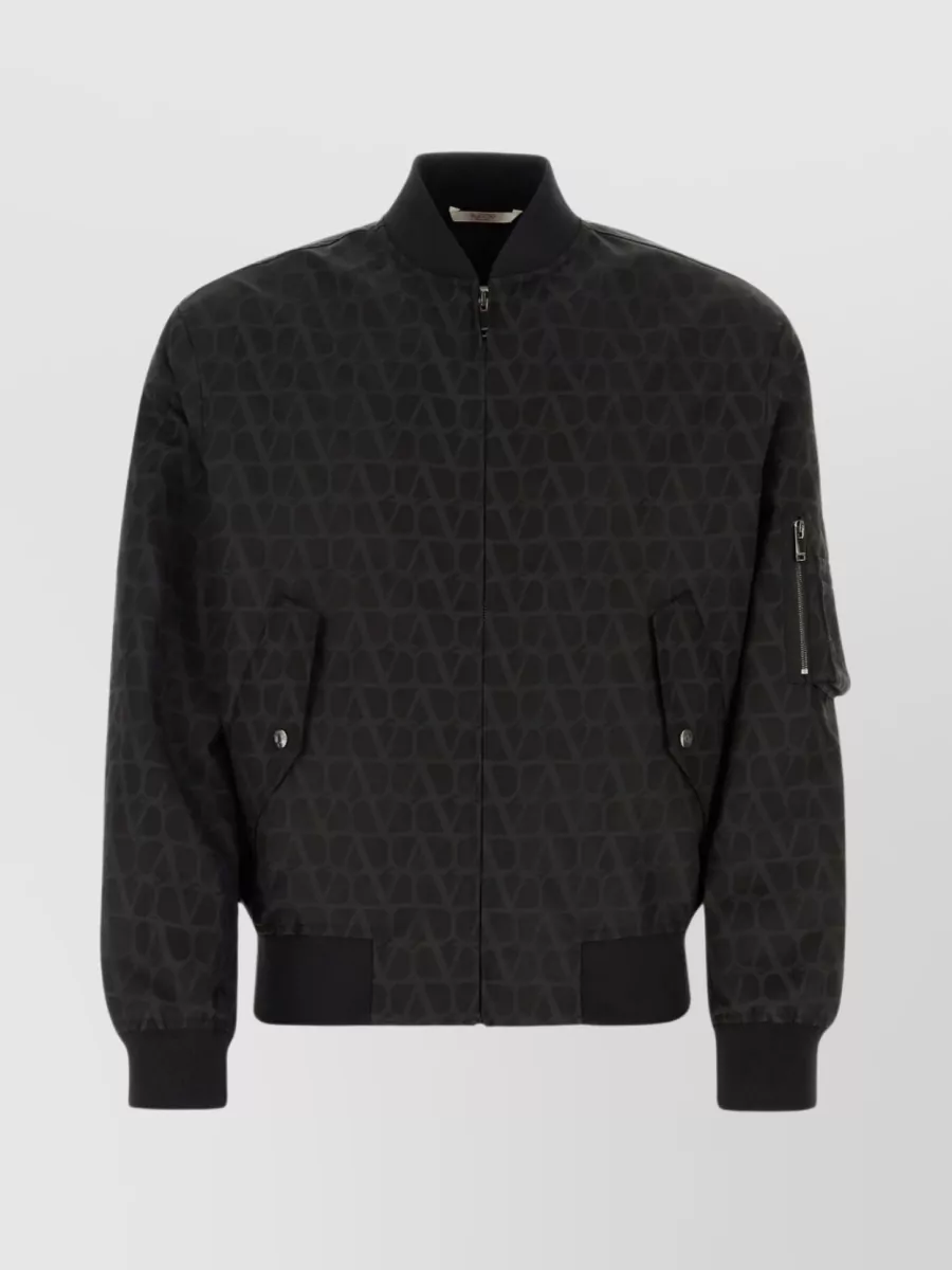 Valentino Patterned Canvas Bomber With Flap Pockets In Black