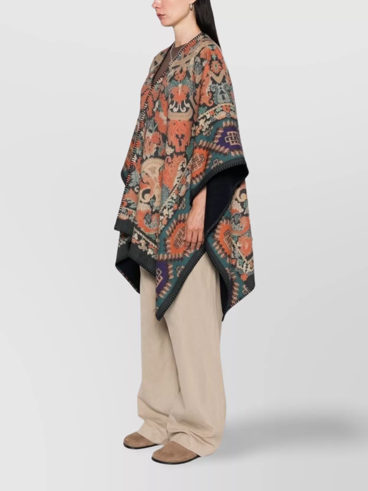 Pierre Louise Mascia Wool Printed Poncho Draped Design