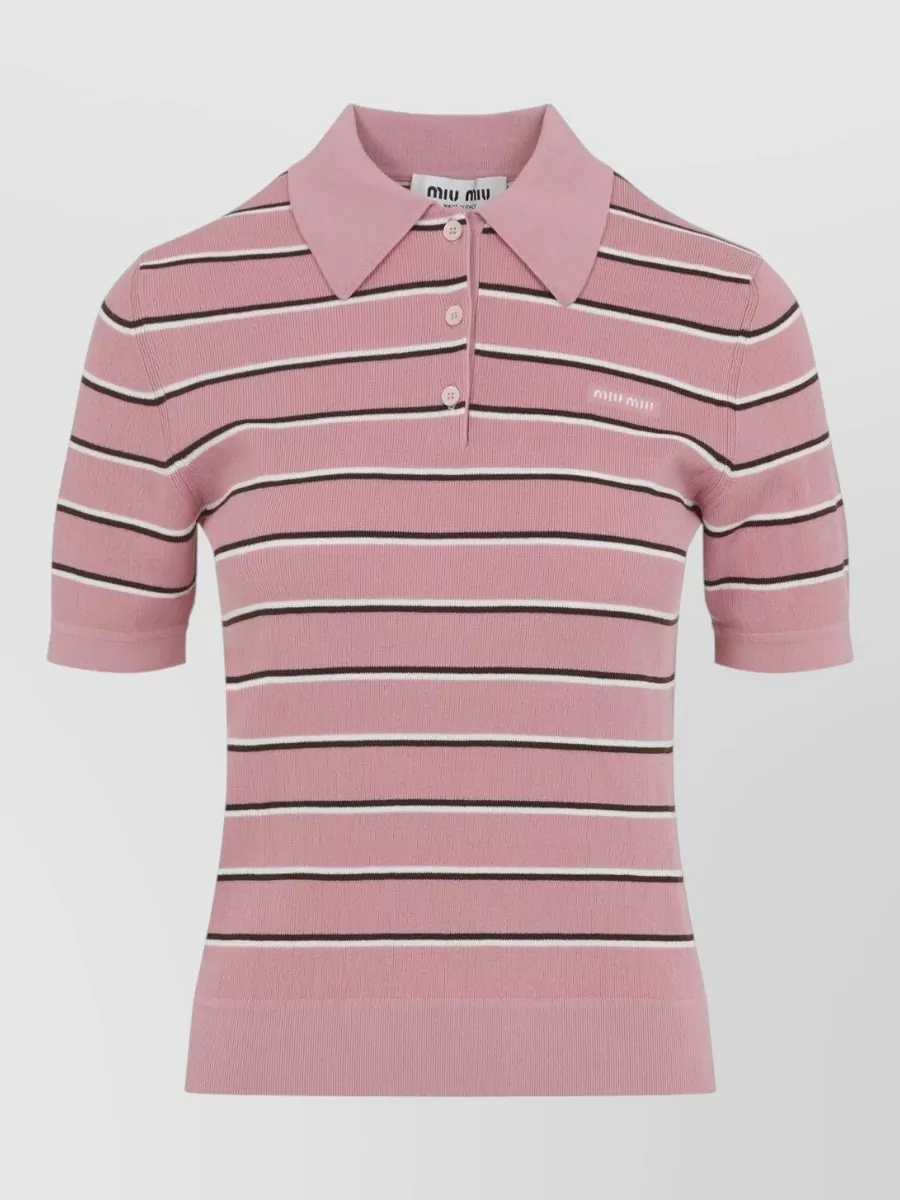 Miu Miu Striped Polo Shirt Ribbed Hem Short Sleeves