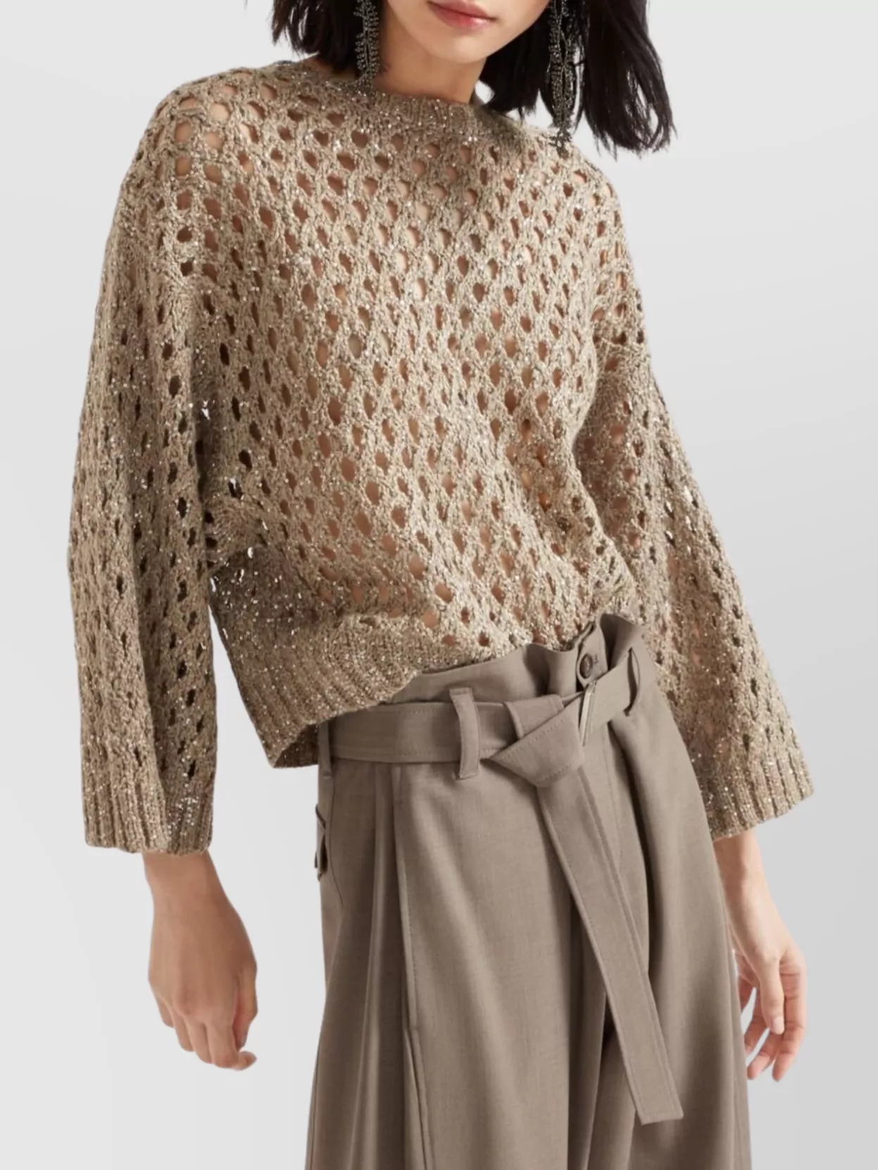 Brunello Cucinelli Cropped Open-Knit Crewneck Sweater