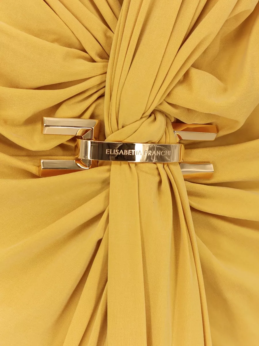 Elisabetta Franchi Long Dress Draped Front Knot Slit Sleeves