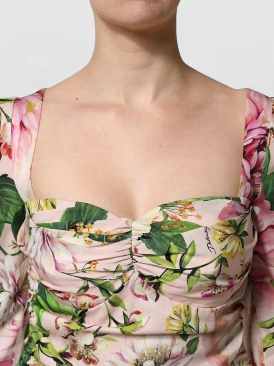 Dolce&Gabbana Silk Floral-Print Long-Sleeve Midi Dress