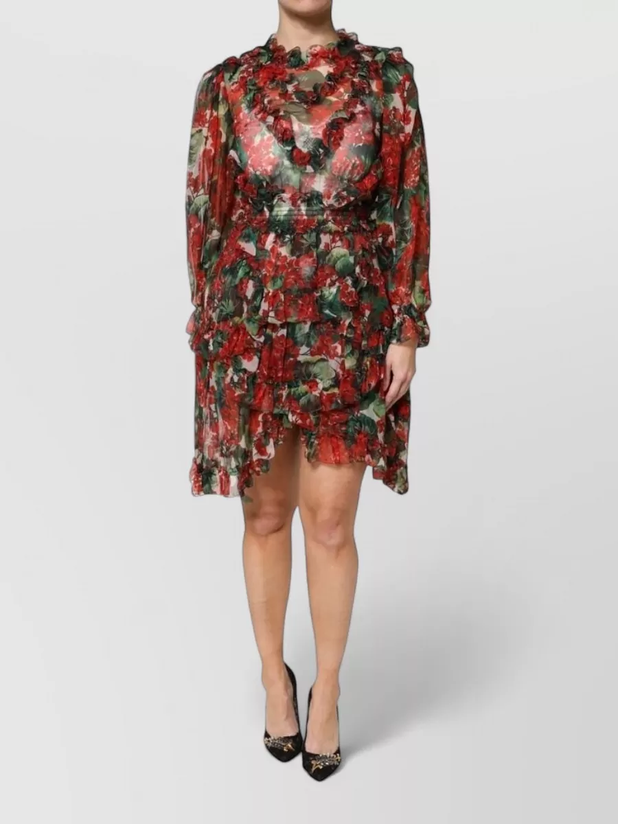 Dolce&Gabbana Silk floral print ruffled long sleeve knee-length dress