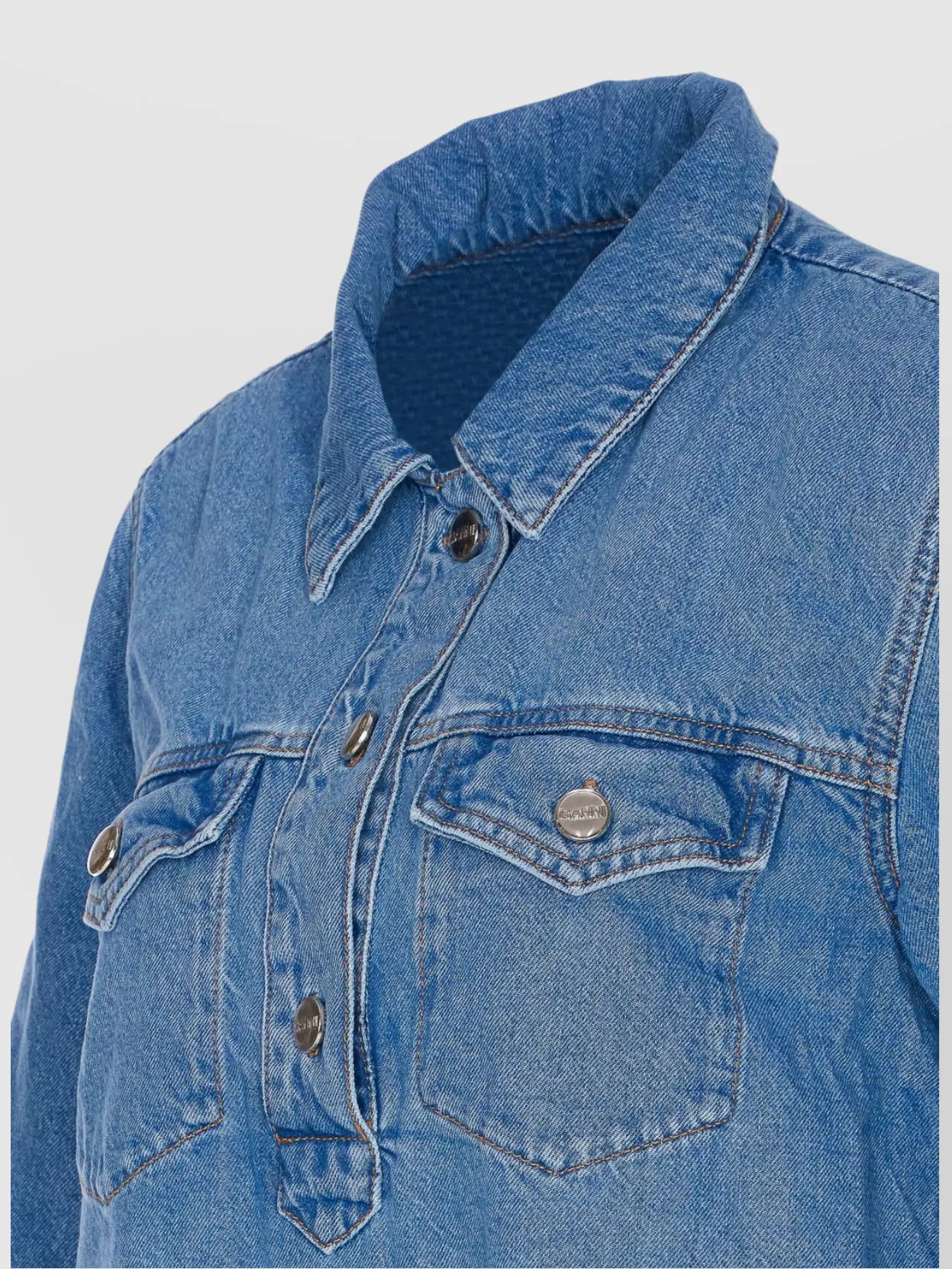 Ganni Denim Dress With Embroidered Hem And Pockets