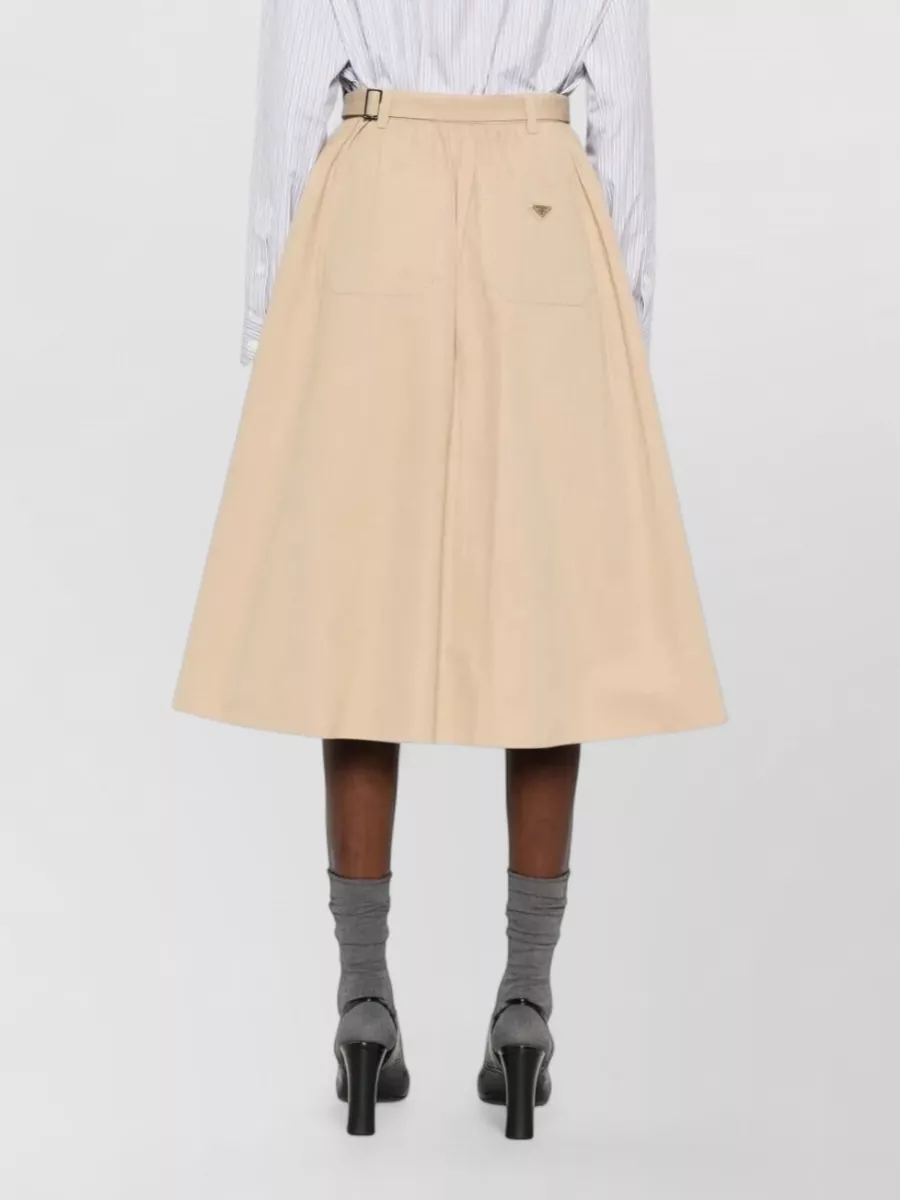 Prada Cotton Belted Pleated Midi Skirt