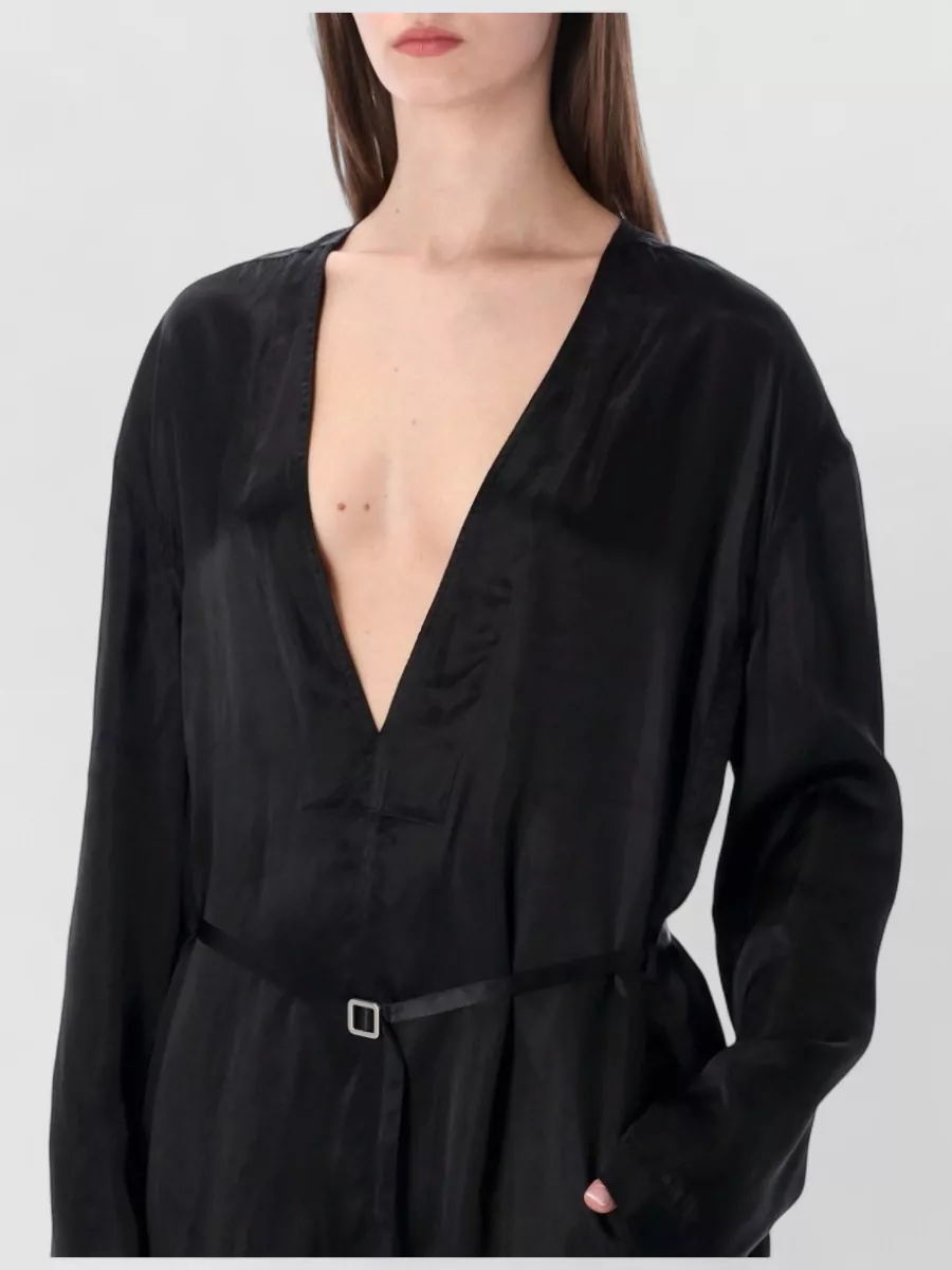 Rick Owens Satin V-Neck Long-Sleeve Belted Jumpsuit