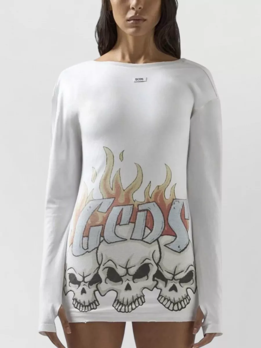 Gcds Cotton Graphic-Print Long-Sleeve Mini Dress
