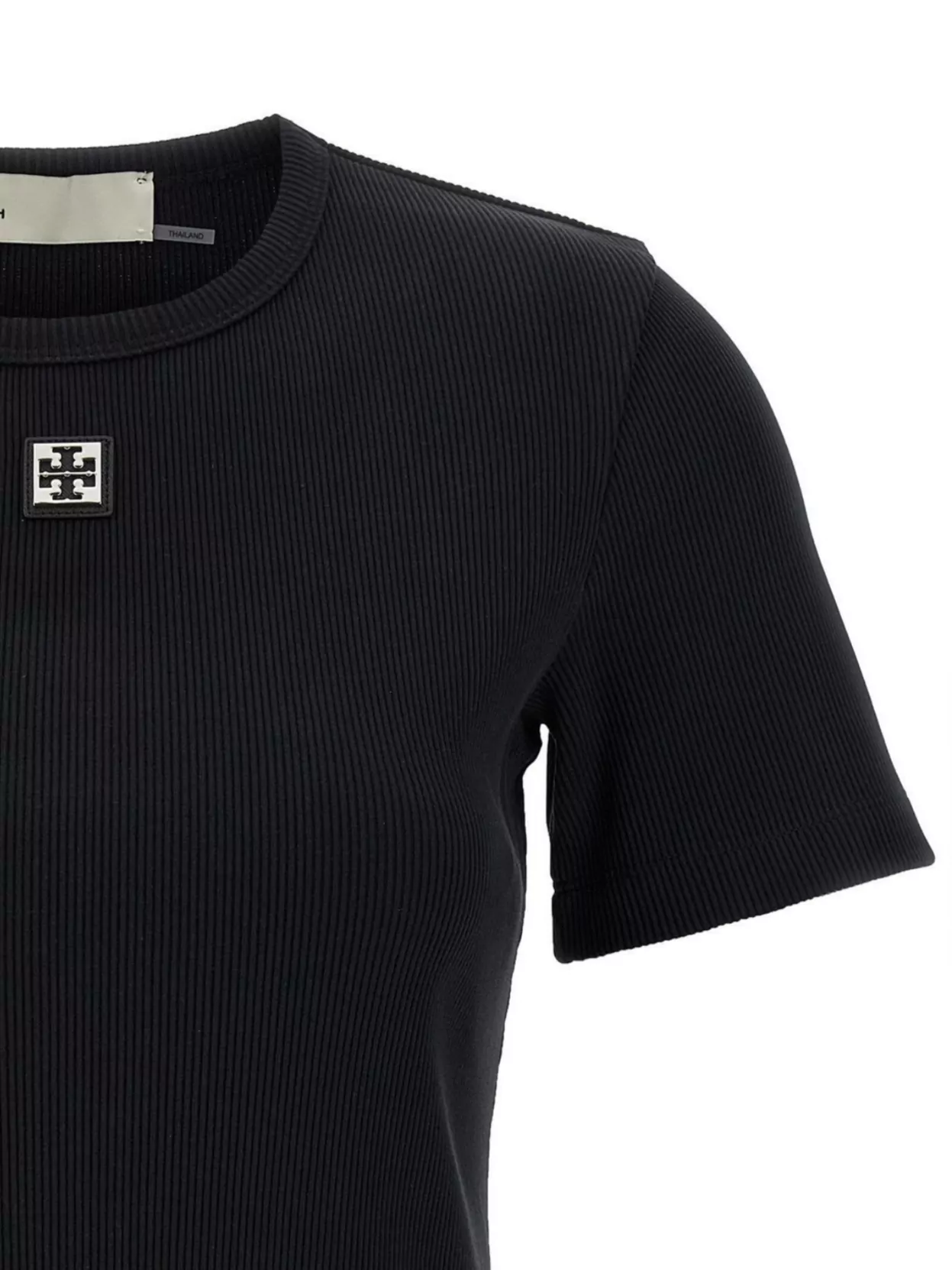 Tory Burch Crew Neck Ribbed Texture Short Sleeves Top In Black
