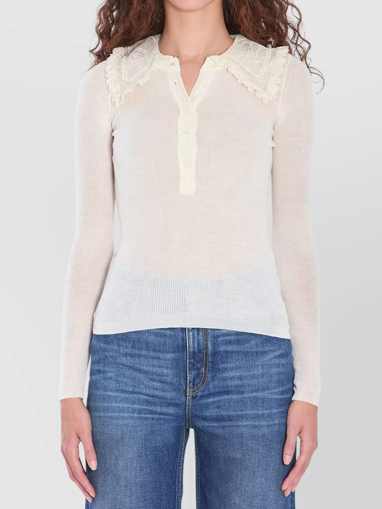 Chloé Lace Collar Ribbed Texture V-Neck Shirt