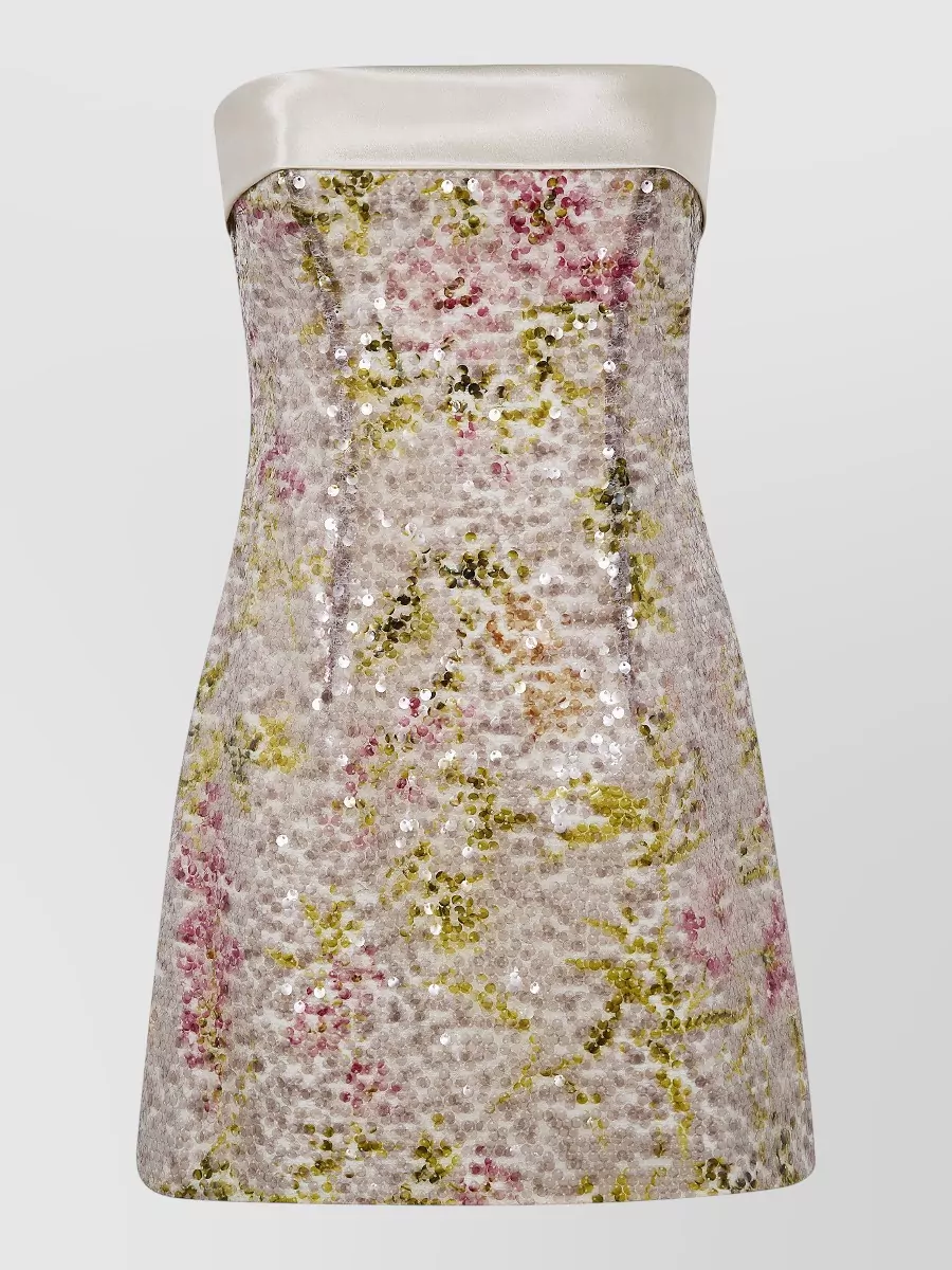 Alberta Ferretti Strapless Floral Sequin Mini Dress Satin