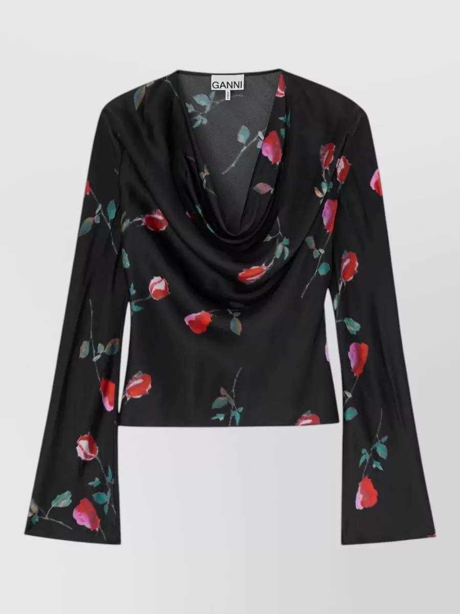 Ganni printed cowl-neck blouse