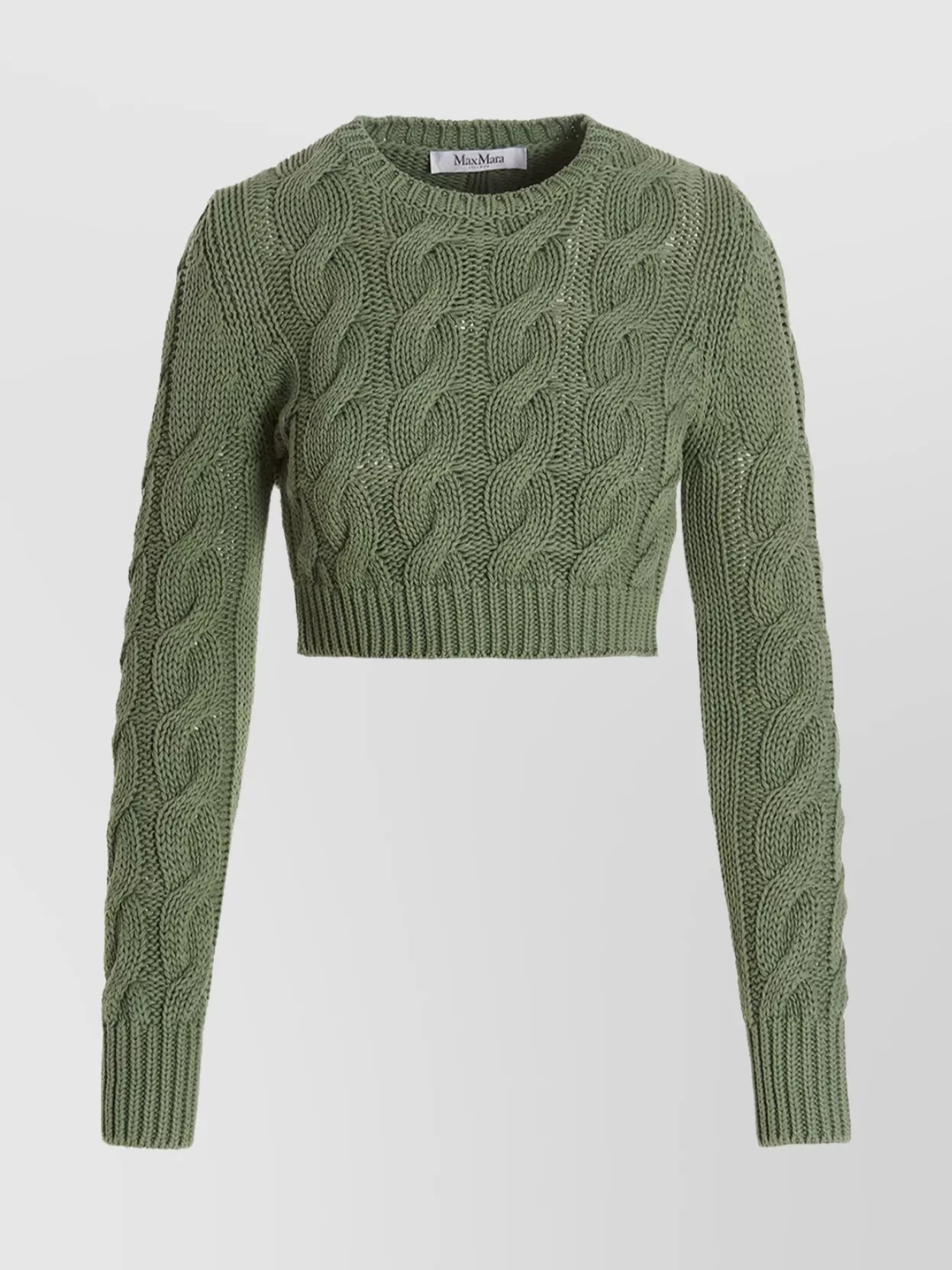 Max Mara Cable Knit Crew Neck Cropped Sweater In Green