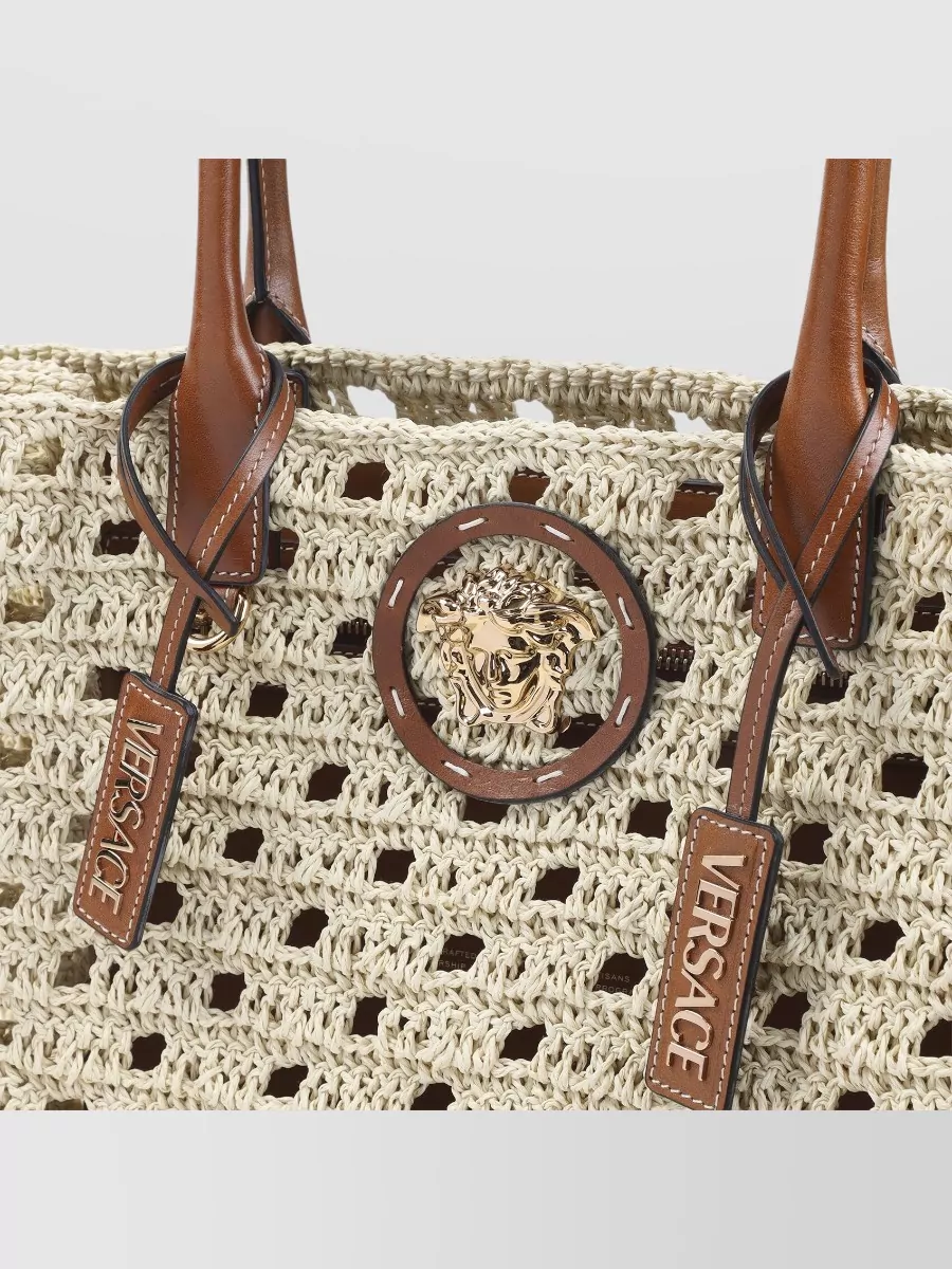 Versace Raffia Tote Bag Dual Handles Leather Trim