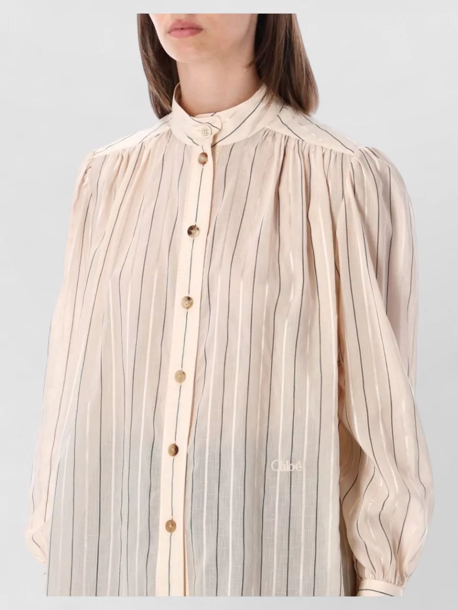 Chloé Striped Gathered High-Neck Shirt