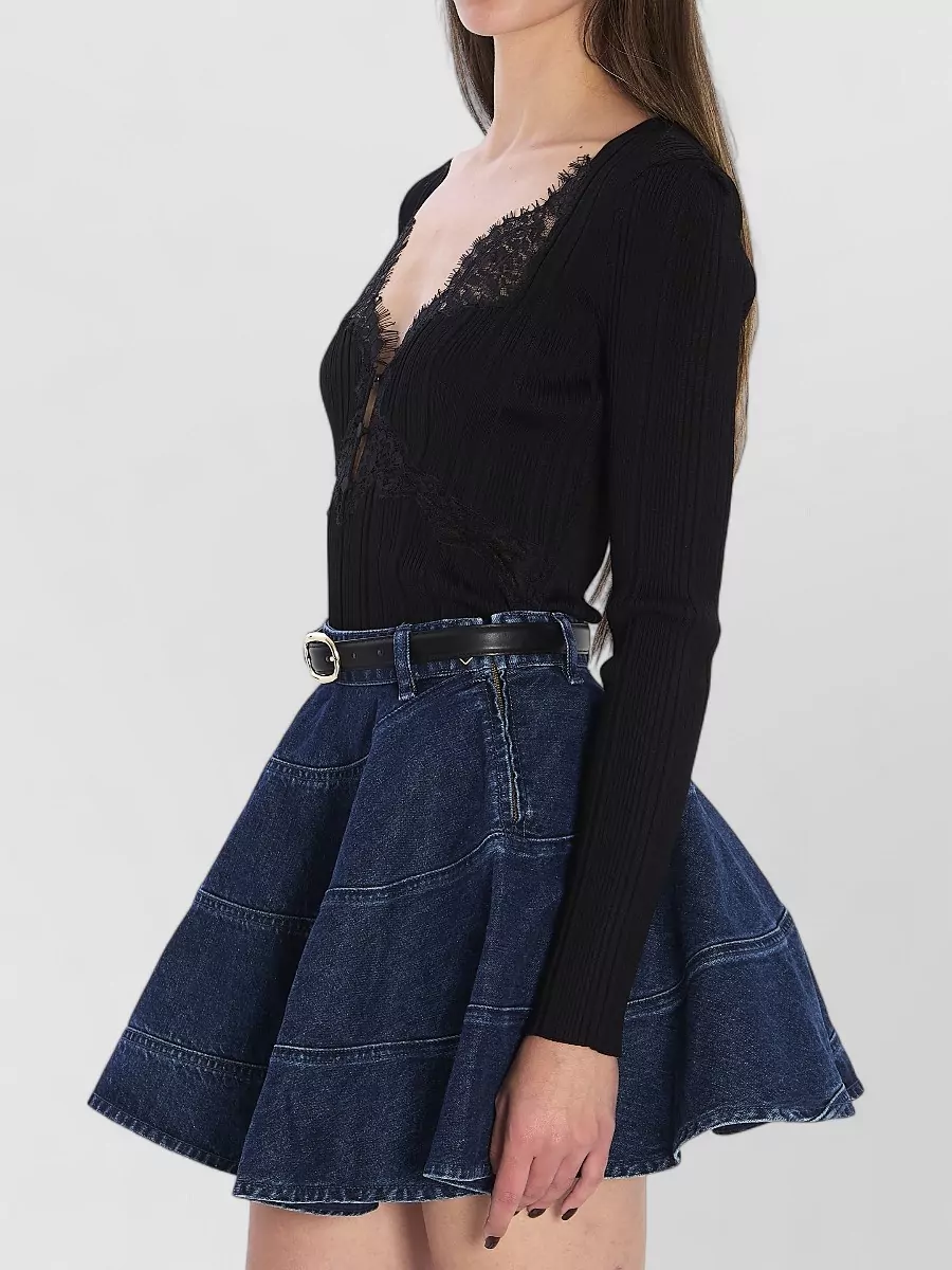Self-Portrait Lace Knit Long-Sleeve V-Neck Top