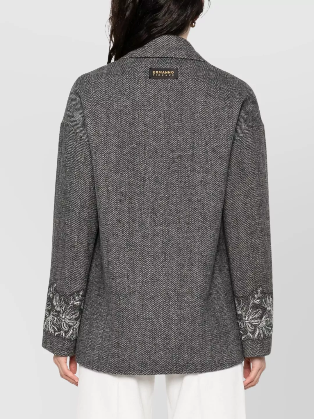 Ermanno Firenze Herringbone Coat Featuring Embroidered Cuffs