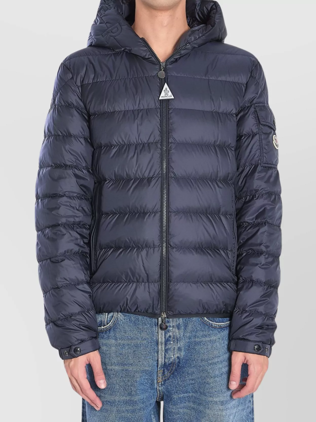 Moncler Puffer Jacket With Adjustable Cuffs And Hood In Blue