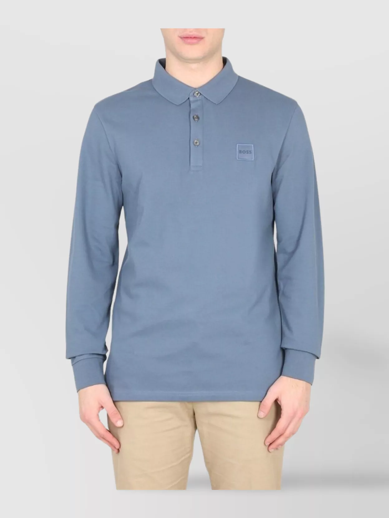 Boss Logo Patch Polo Shirt With Long Sleeves And Ribbed Cuffs