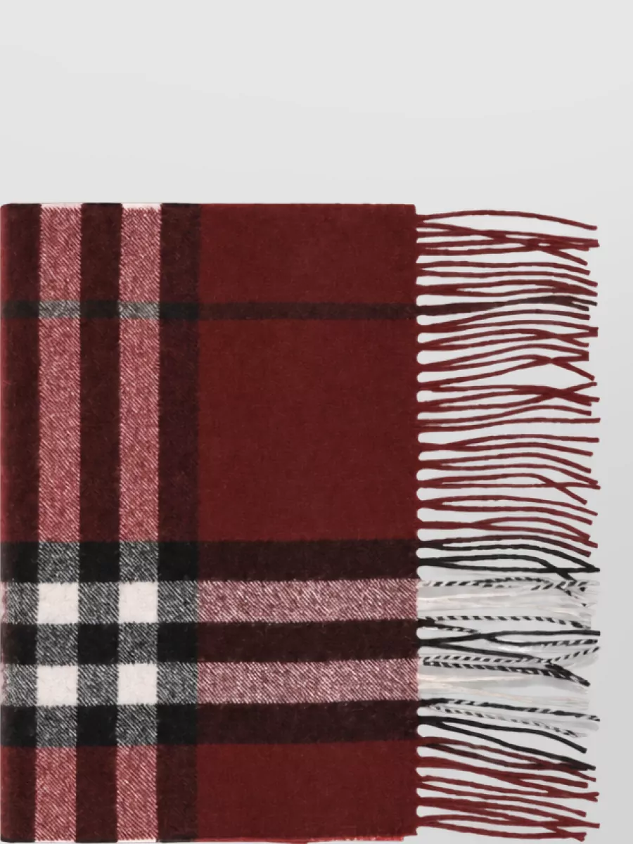 Burberry Cashmere check scarf — The deep burgundy Burberry scarf ties back to the ballerinas and introduces a heritage check that suits the preppy mood without disturbing the restrained color story.
