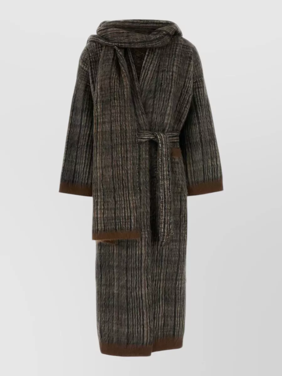 Brunello Cucinelli Mohair wool prince of wales hooded coat with scarf