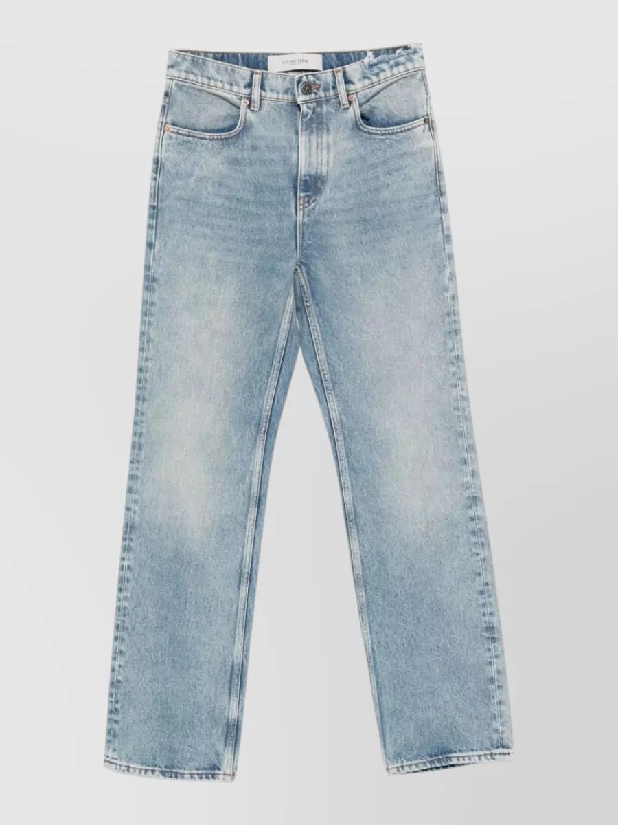 Golden Goose Denim straight-leg jeans — The high-rise straight light blue jean gives a clean, vintage-feel line that pairs naturally with Golden Goose sneakers and the cropped knit without feeling overly slouchy or sporty.
