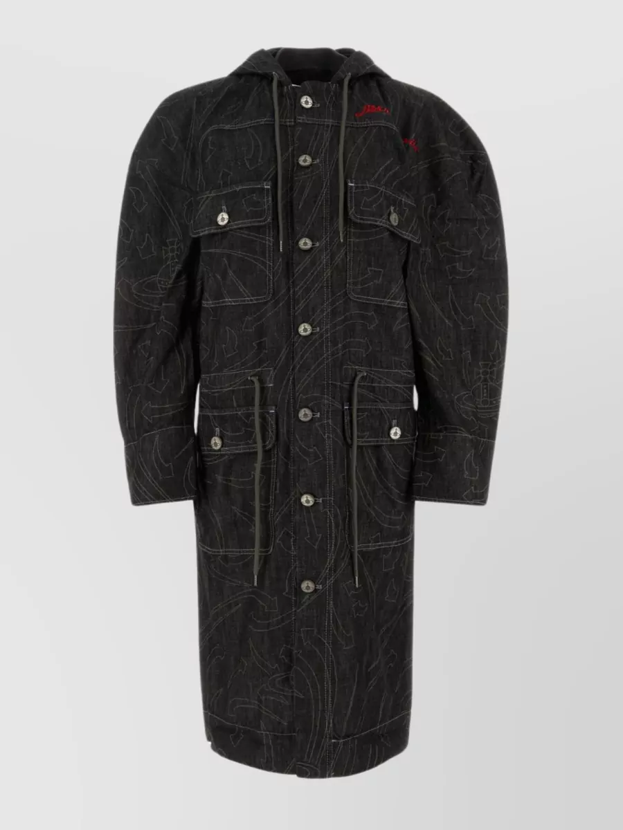 Shop Vivienne Westwood Intricate Embroidery Denim Trench Coat In Black
