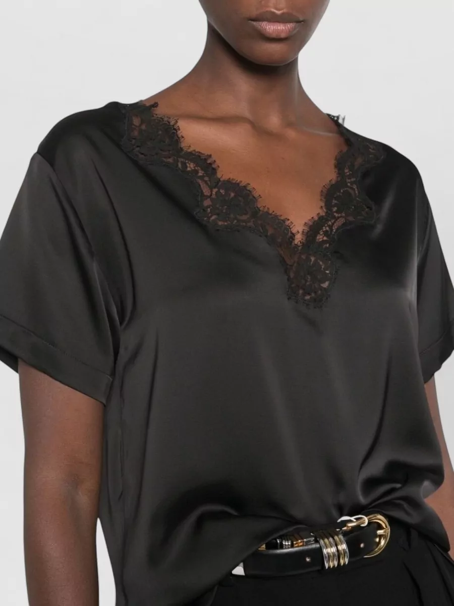 Ermanno Firenze Satin Lace-Trim V-Neck Short-Sleeve Top
