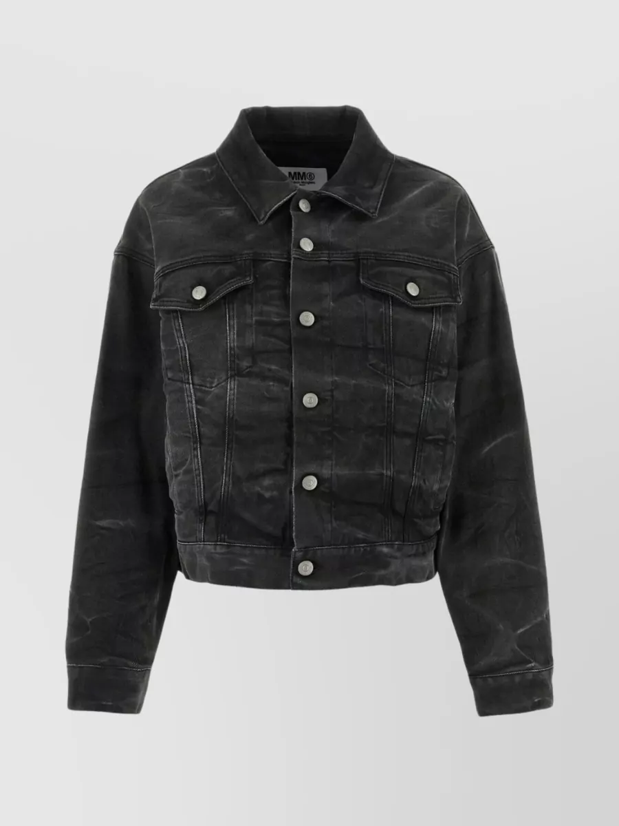 Shop Mm6 Maison Margiela Cropped Denim Jacket With Stretch And Stonewashed Finish In Black