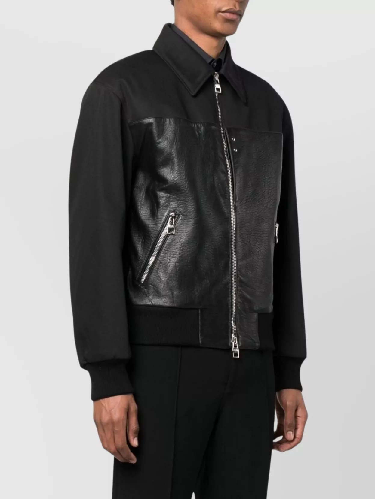 Alexander Mcqueen Collared Leather Jacket With Ribbed Accents