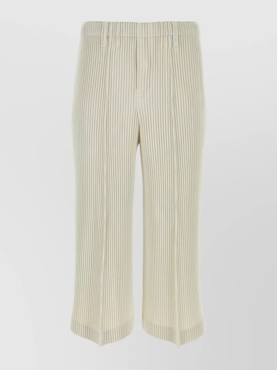 Shop Issey Miyake Polyester Striped Ribbed Bermuda Shorts In Beige