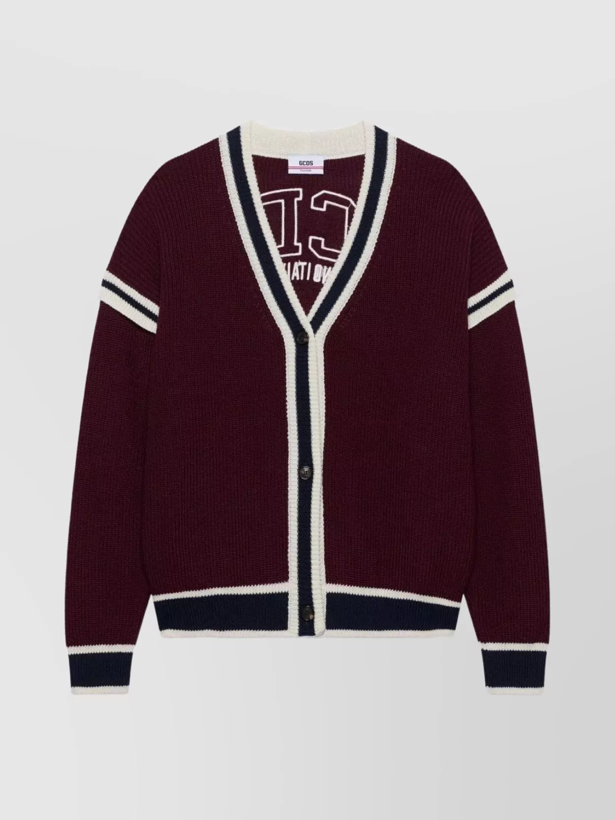 Gcds College Striped Cardigan V-neck In Burgundy