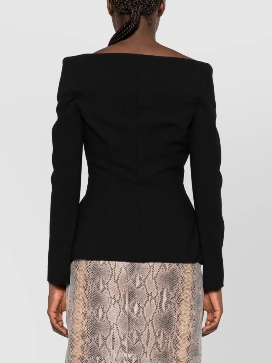 Self-Portrait Wool Off-Shoulder V-Neck Fitted Blazer