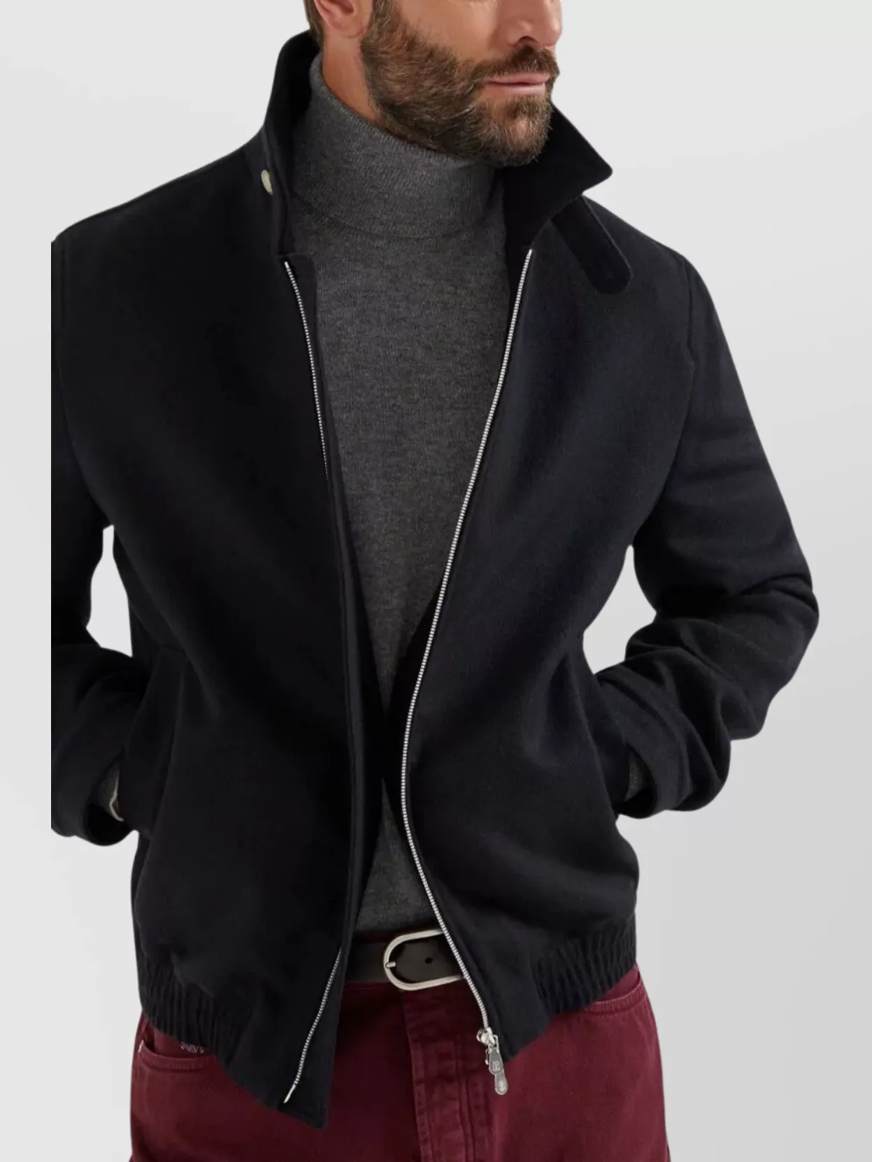 Brunello Cucinelli High Collar Wool Bomber Jacket In Black