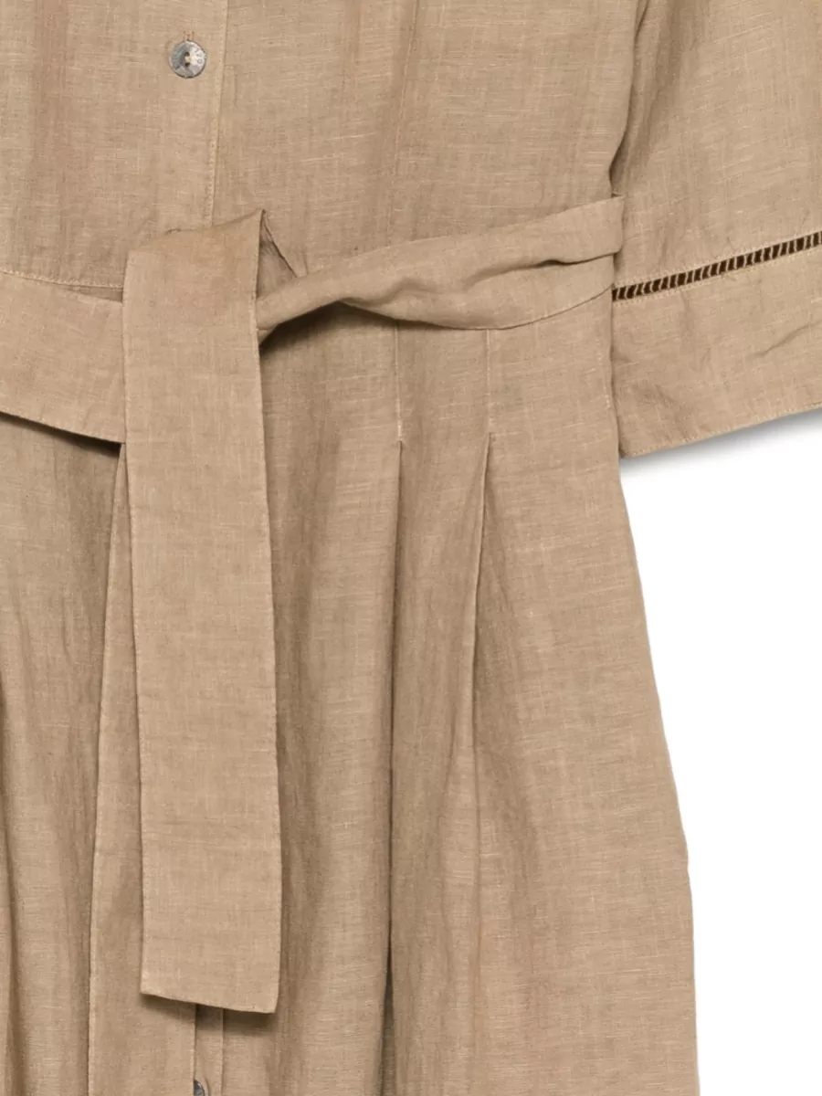 120% Lino Linen Belted Short-Sleeve Button Midi Dress