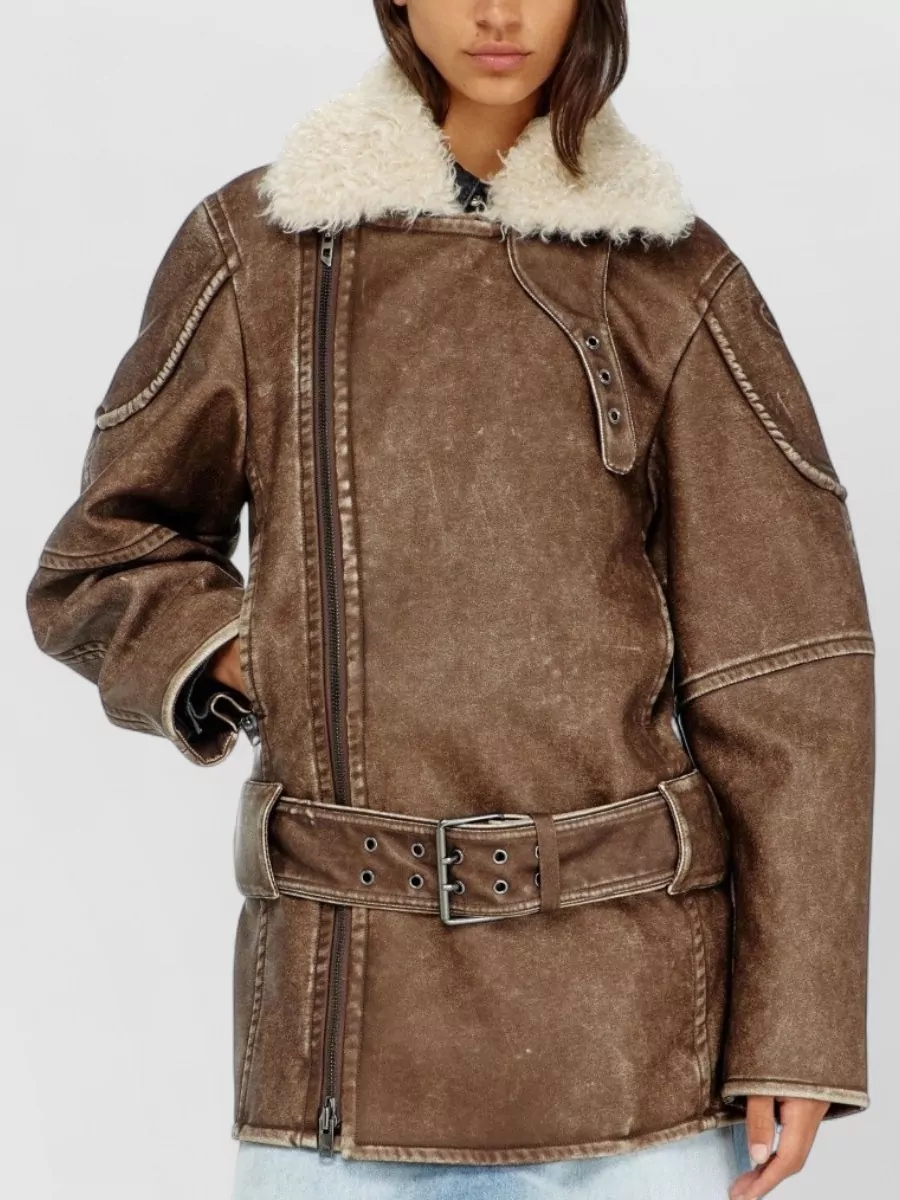 Diesel Faux Leather Belted Aviator Jacket