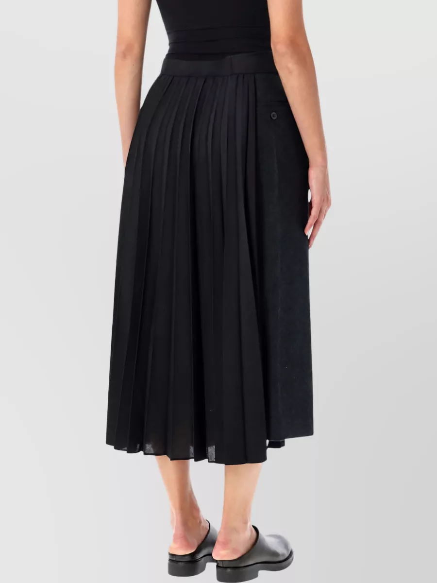 Sacai Wool Herringbone Pleated Asymmetric Midi Skirt