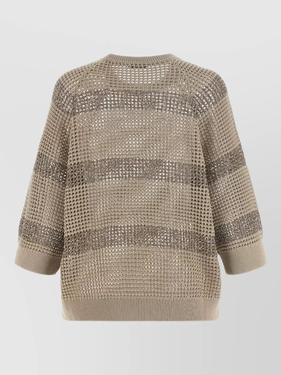 Brunello Cucinelli Cotton Mesh Sequin Striped 3/4-Sleeve Jumper
