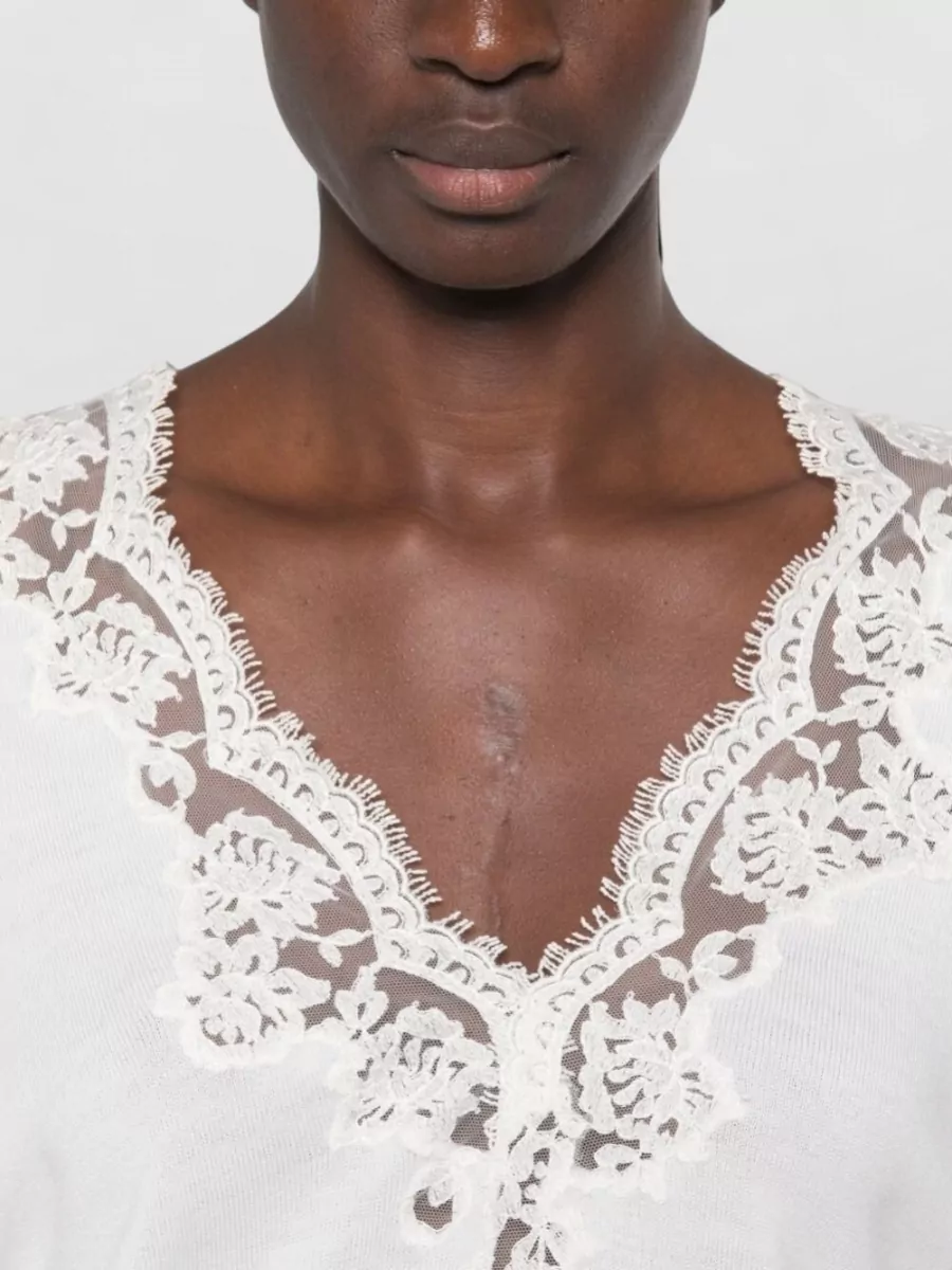 Ermanno Firenze Floral Lace Trim V-Neck Wool Jumper