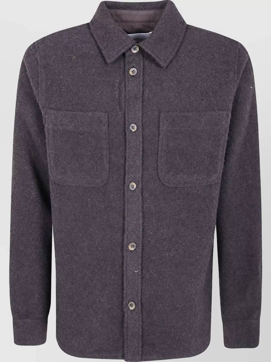 Les Deux Bouclé overshirt — The heathered charcoal-plum overshirt in B quietly supports the jacket’s moody floral without competing, keeps the formality aligned, and layers cleanly for a romantic streetwear vibe.
